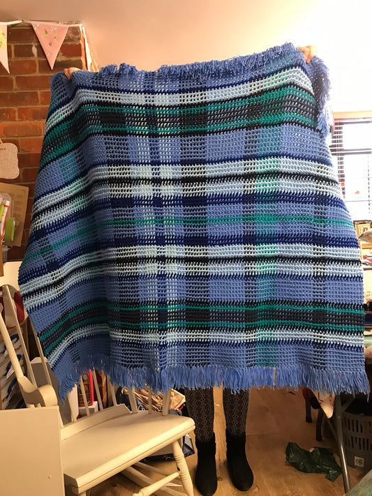 Fabulous tartan  look handmade crocheted throw. Burgundy and cream or Blue.